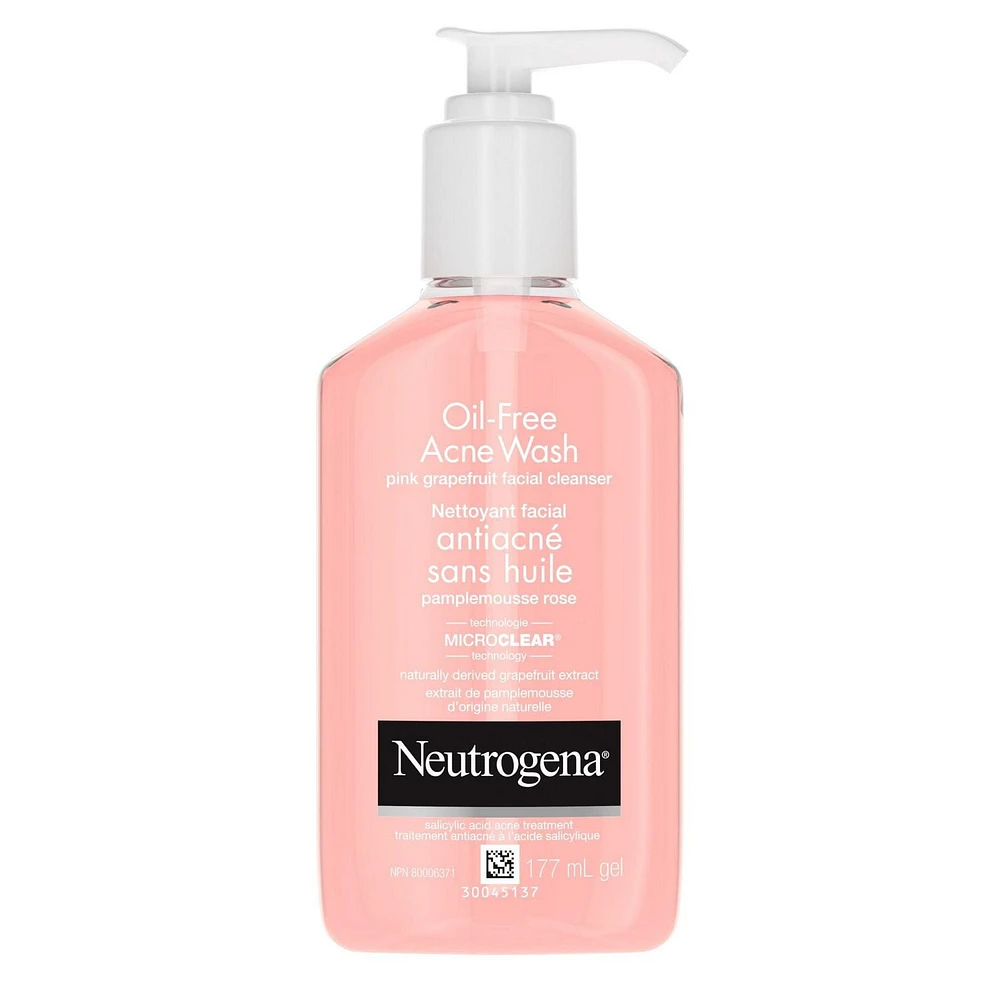 Neutrogena Oil-Free Acne Wash Pink Grapefruit Facial Cleanser, Pore Cleansing and Daily Liquid Facial Cleanser with 2% Salicylic Acid and Vitamin C, 177 mL