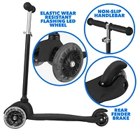 Rugged Racer Mini 3-Wheel Scooter With LED Lights in Black, ages 3-6, max 80lbs, adjustable height