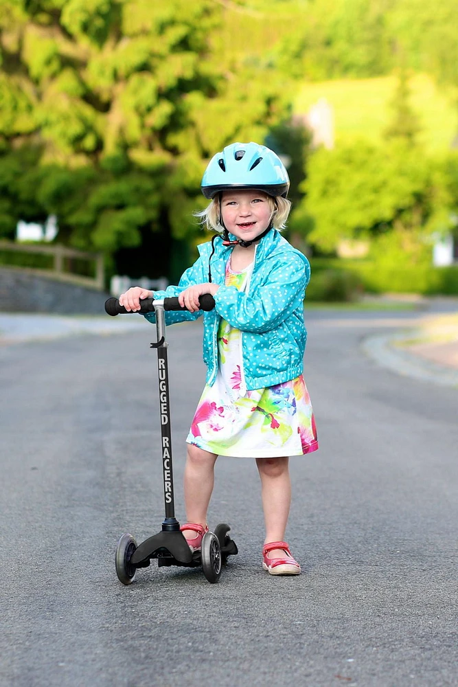 Rugged Racer Mini 3-Wheel Scooter With LED Lights in Black, ages 3-6, max 80lbs, adjustable height