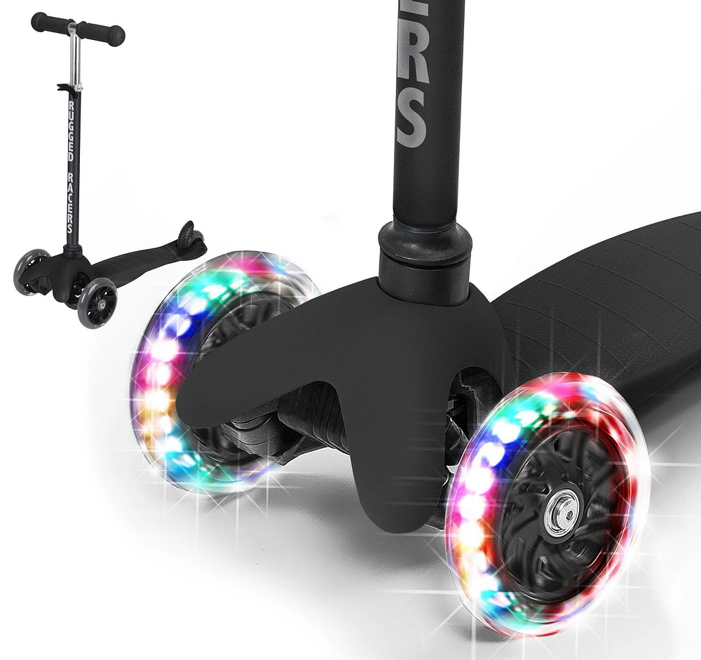 Rugged Racer Mini 3-Wheel Scooter With LED Lights in Black, ages 3-6, max 80lbs, adjustable height