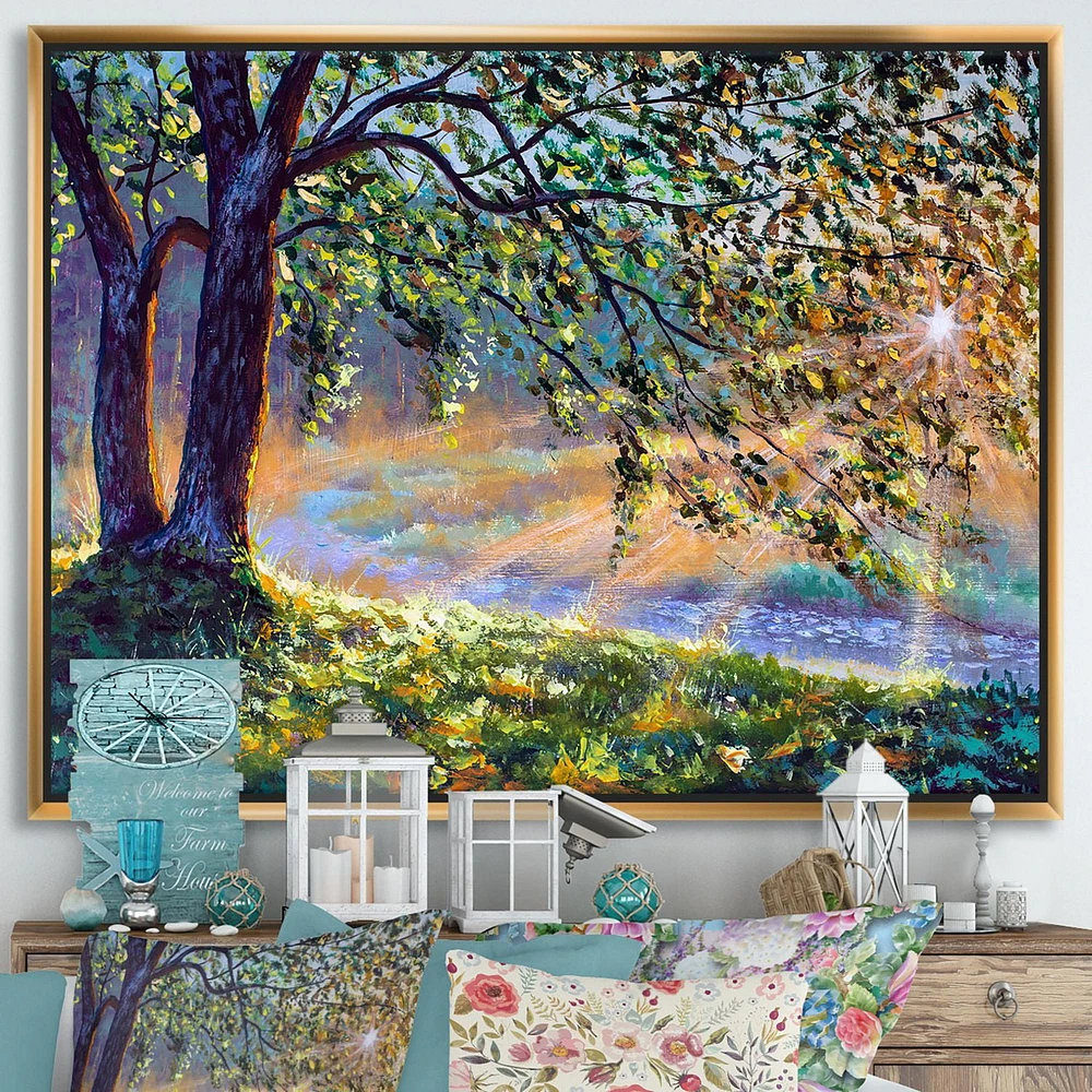 Designart Tree By River First Rays Of Afternoon Sun FLOAT FRAME WALL ART