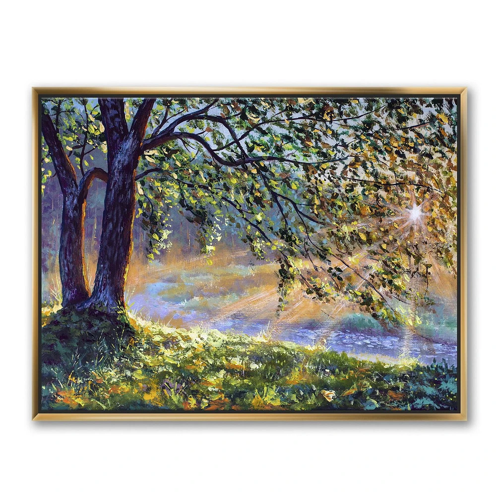 Designart Tree By River First Rays Of Afternoon Sun FLOAT FRAME WALL ART