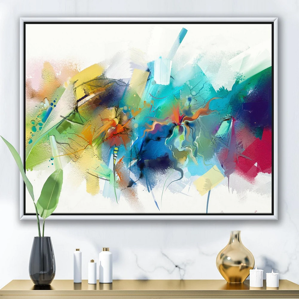 Designart Turquoise Story With Touches Of Yellow And Red FLOAT FRAME WALL ART