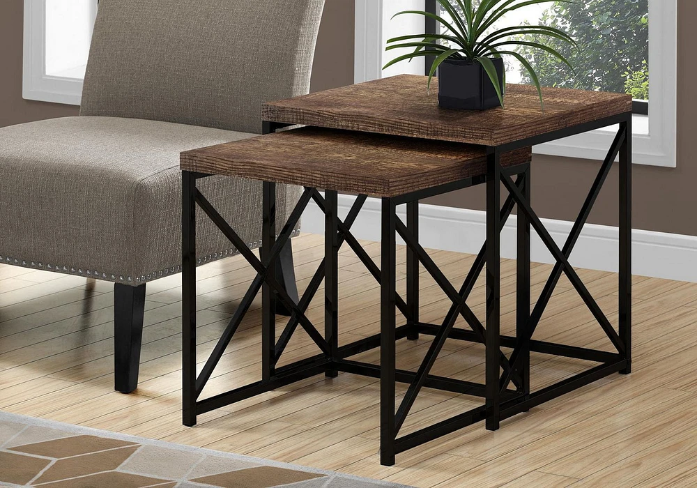 Monarch Specialties Nesting Table, Set Of 2, Side, End, Metal, Accent, Living Room, Bedroom, Metal, Laminate, Brown, Black, Contemporary, Modern