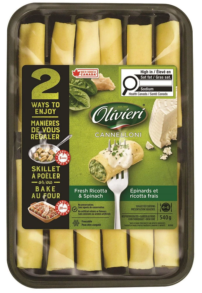 Olivieri Ricotta and Spinach Cannelloni 540g, Oli Spin/Ricotta Cannel 540g