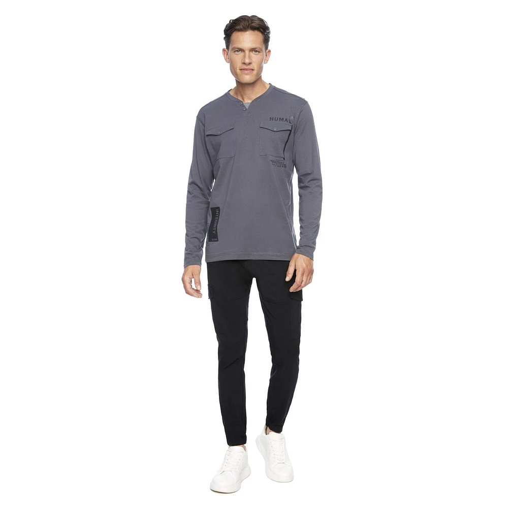 Dark Black Henley graphique à manches longues pour hommes