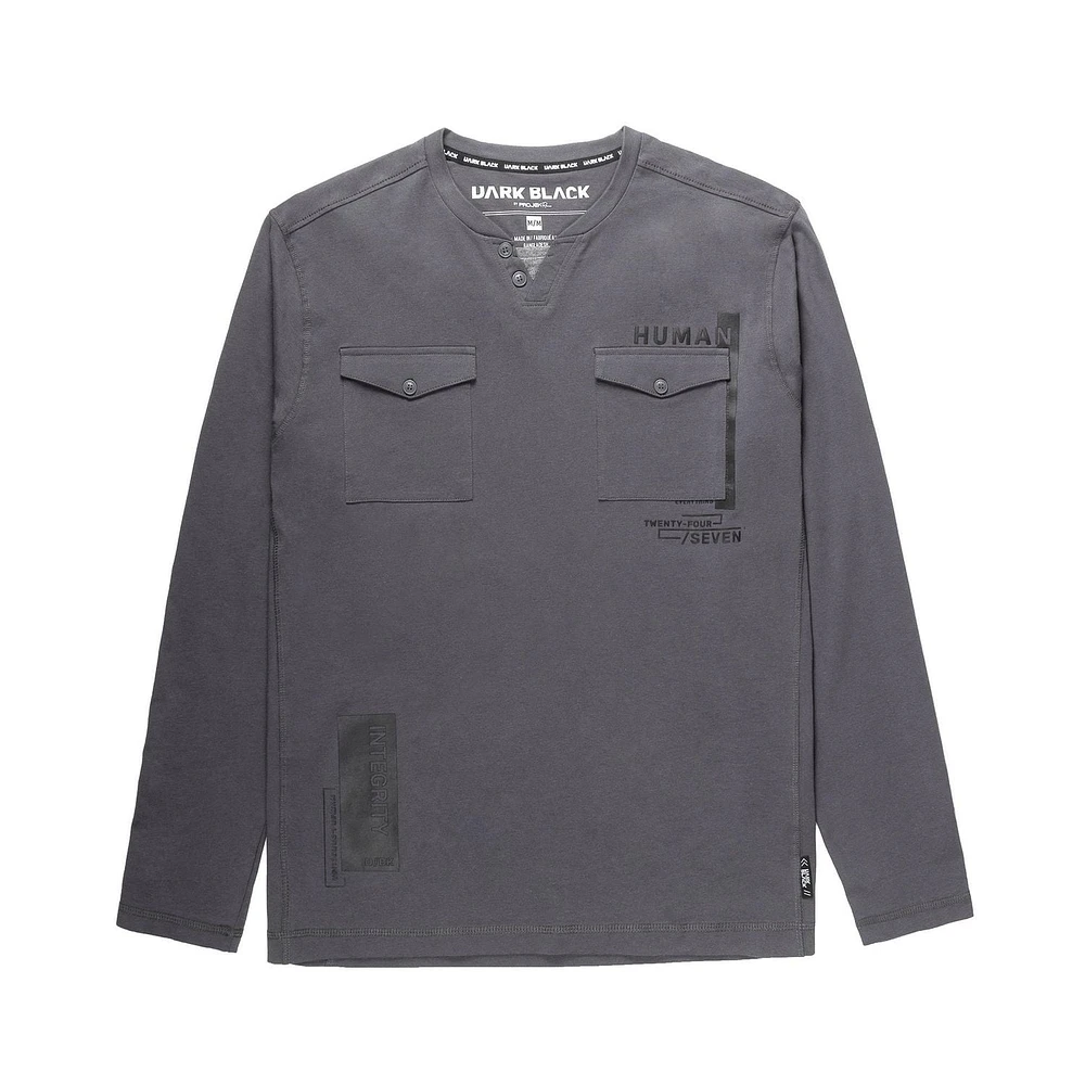 Dark Black Henley graphique à manches longues pour hommes