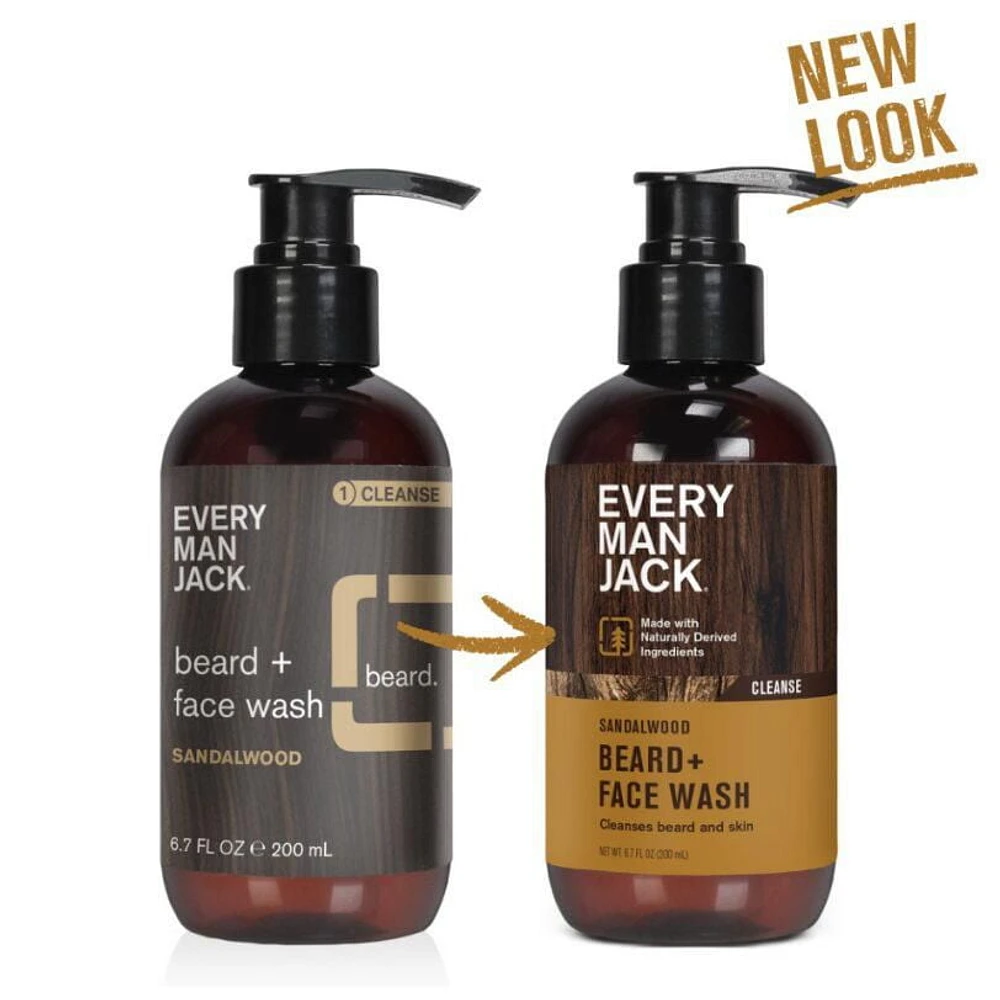 Every Man Jack Beard + Face Wash - Sandalwood | 200ML | Naturally Derived, Parabens-free, Pthalate-free, Dye-free, and Certified Cruelty Free, Every Man Jack Beard Wash