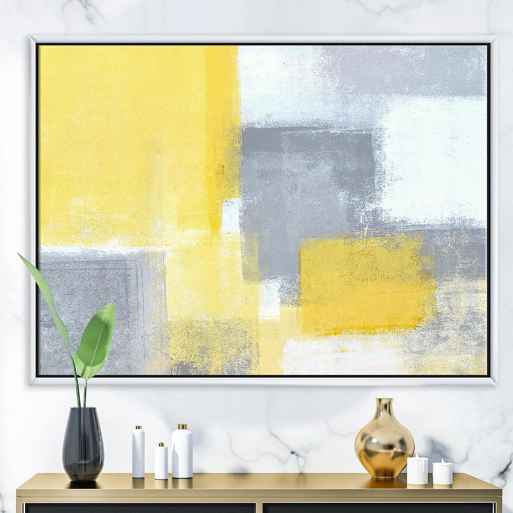 Designart Grey and Yellow Blue Abstract XXI FLOAT FRAME WALL ART