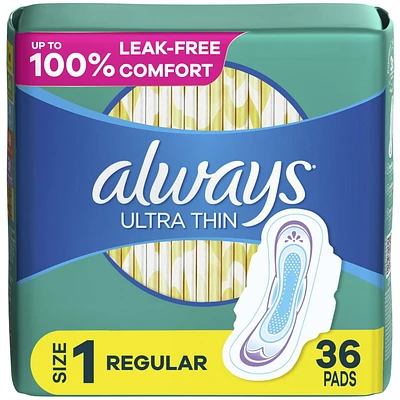 Always Ultra Thin Feminine Pads with Wings for Women, Size 1, Regular Absorbency, Unscented, 36CT