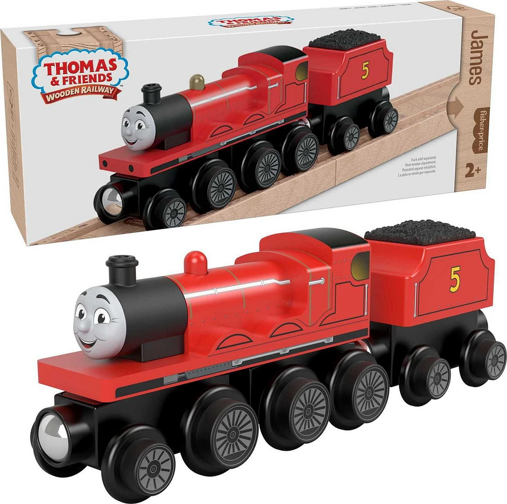 Fisher-Price Thomas & Friends Wooden Railway James Engine and Coal Car, push-along train made from sustainably sourced wood for kids 2 years and up