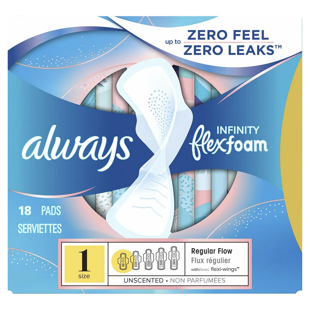Serviettes Always Infinity, flux régulier, avec ailes, pour femmes, taille 1, non parfumées, 18 serviettes