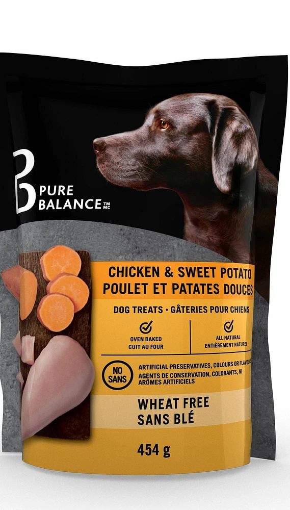 Chicken & Sweet Potato dog treats. All natural, wheat free, oven-baked dog treats. No artificial preservatives, colours or flavours, 454g