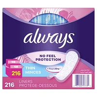 Always Thin No Feel Protection Daily Liners, Regular Absorbency, Unscented, 216CT