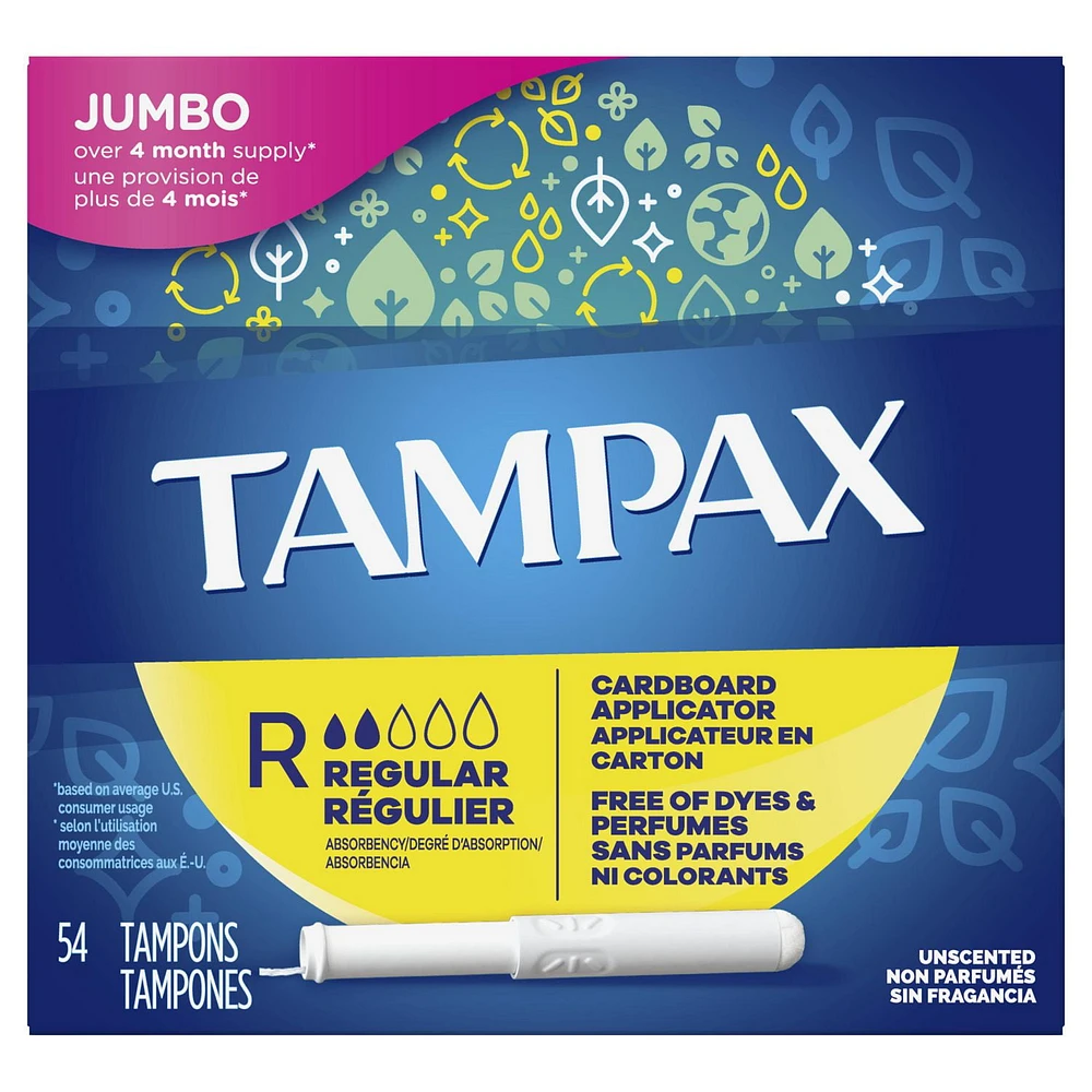 Tampax Cardboard Tampons Regular Absorbency, Anti-Slip Grip, LeakGuard Skirt, Unscented, 54 Tampons