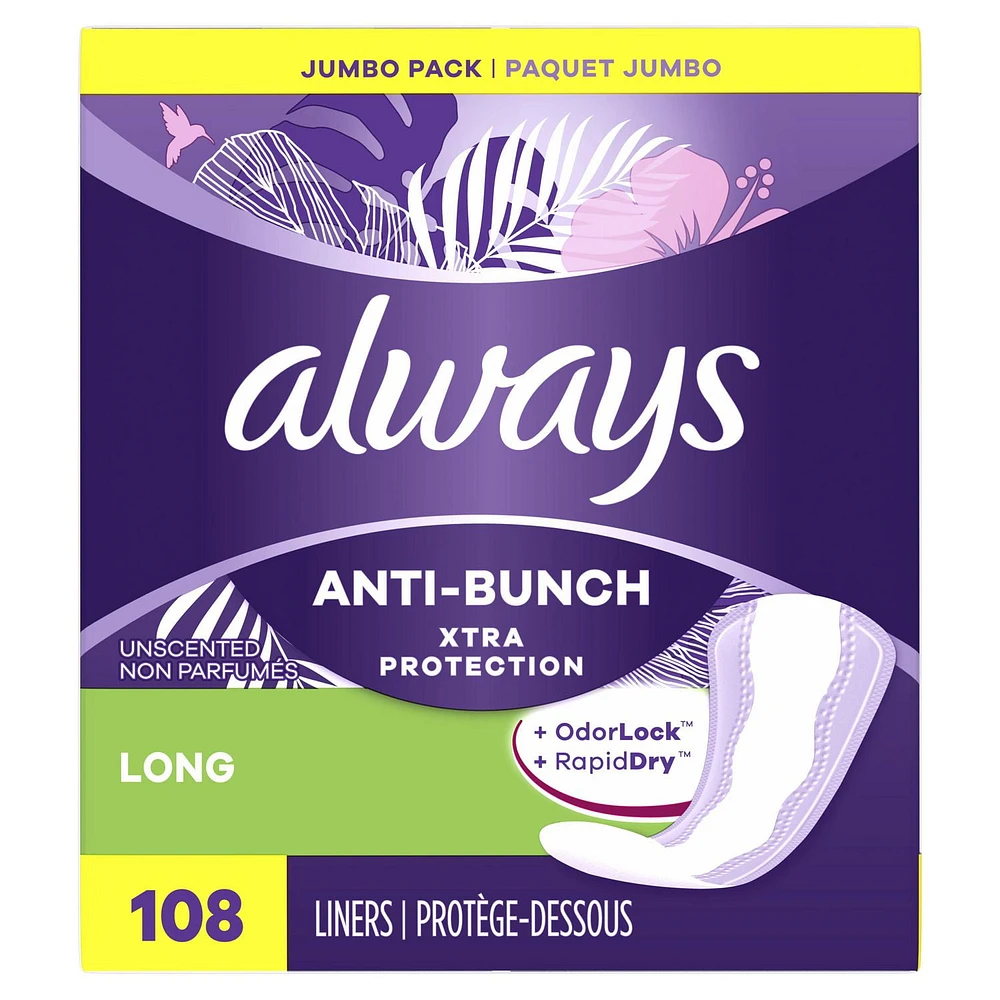 Always Anti-Bunch Xtra Protection Daily Liners, Long Length, Unscented