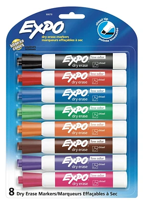 Expo Low Odor Dry Erase Markers, Chisel Tip, Assorted Colors, 8 Pack