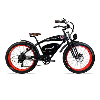 Demon Electric Davient 500W 26-in Vintage Cruiser Fat-Tire Electric Bike, 40-55km Battery Range (16.75Ah), TEKTRO Hydraulic Brakes, SHIMANO 7 Speed Gear - Black, Red Rims