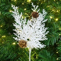 Holiday Time 9IN White Glitter Leave With Pinecone Pick