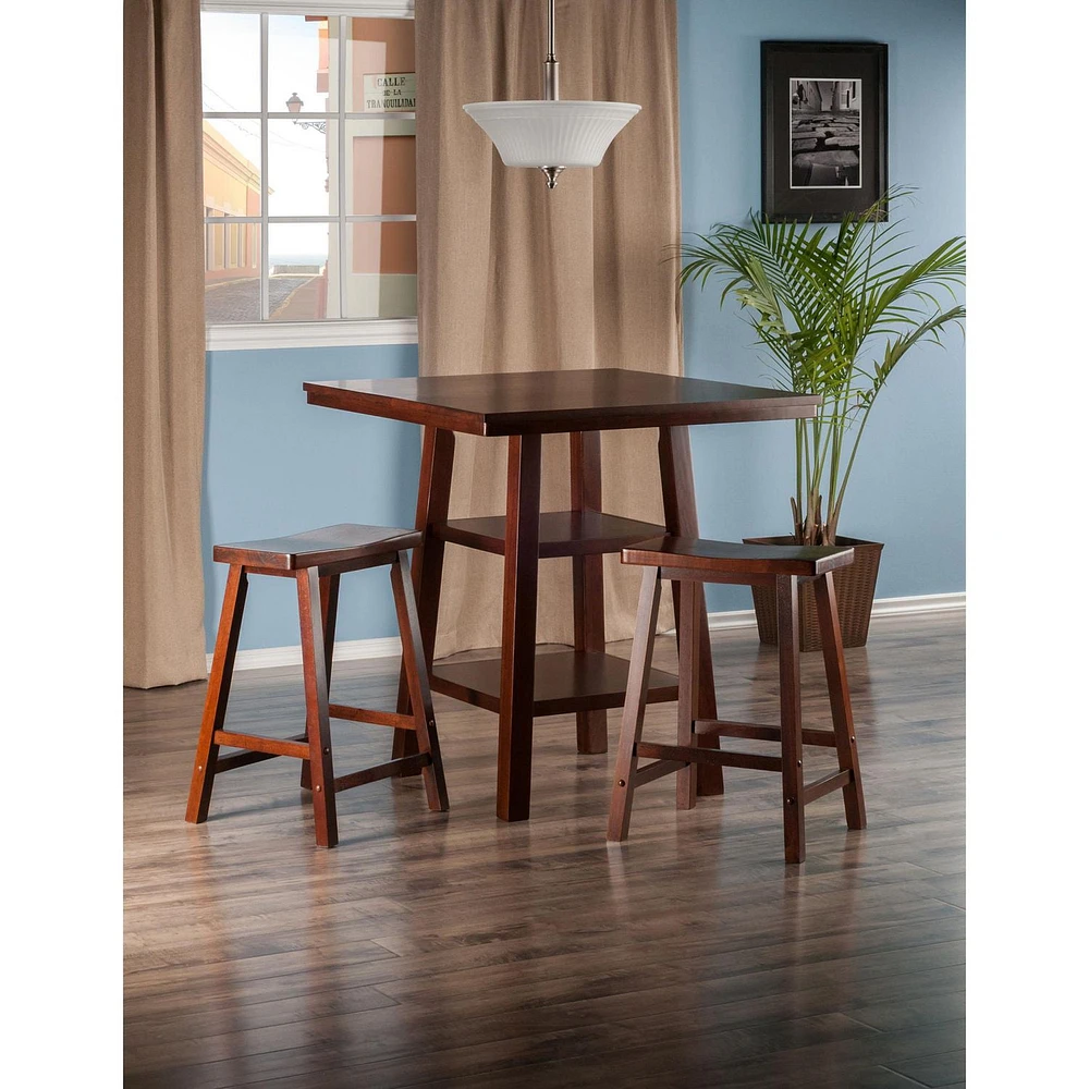 Winsome Orlando 3 Piece Set High Table, 2 Shelves with 2 Saddle Seat Stools