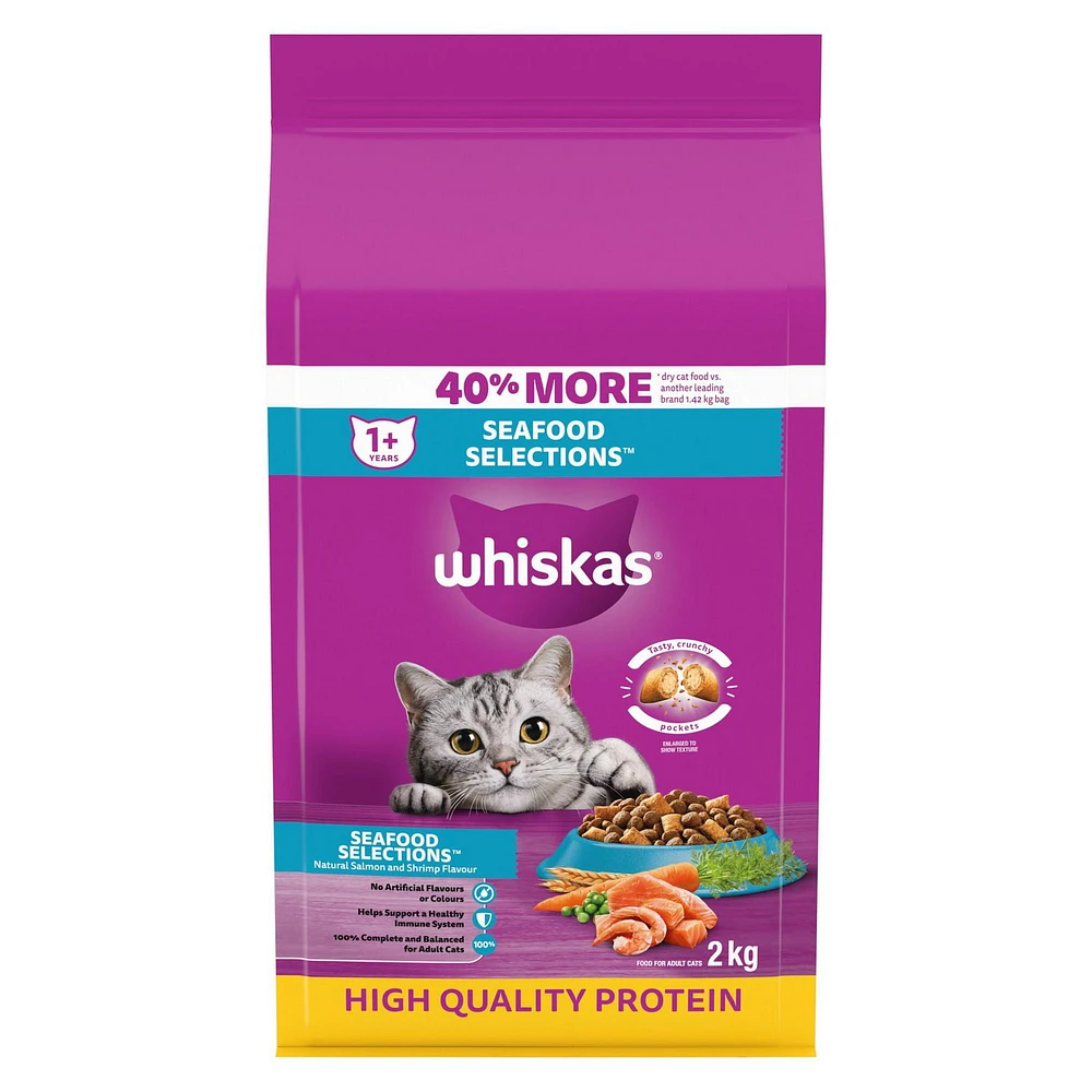 Whiskas Seafood Selections Salmon & Shrimp Flavour Natural Adult Dry Cat Food, 2 - 9.1kg