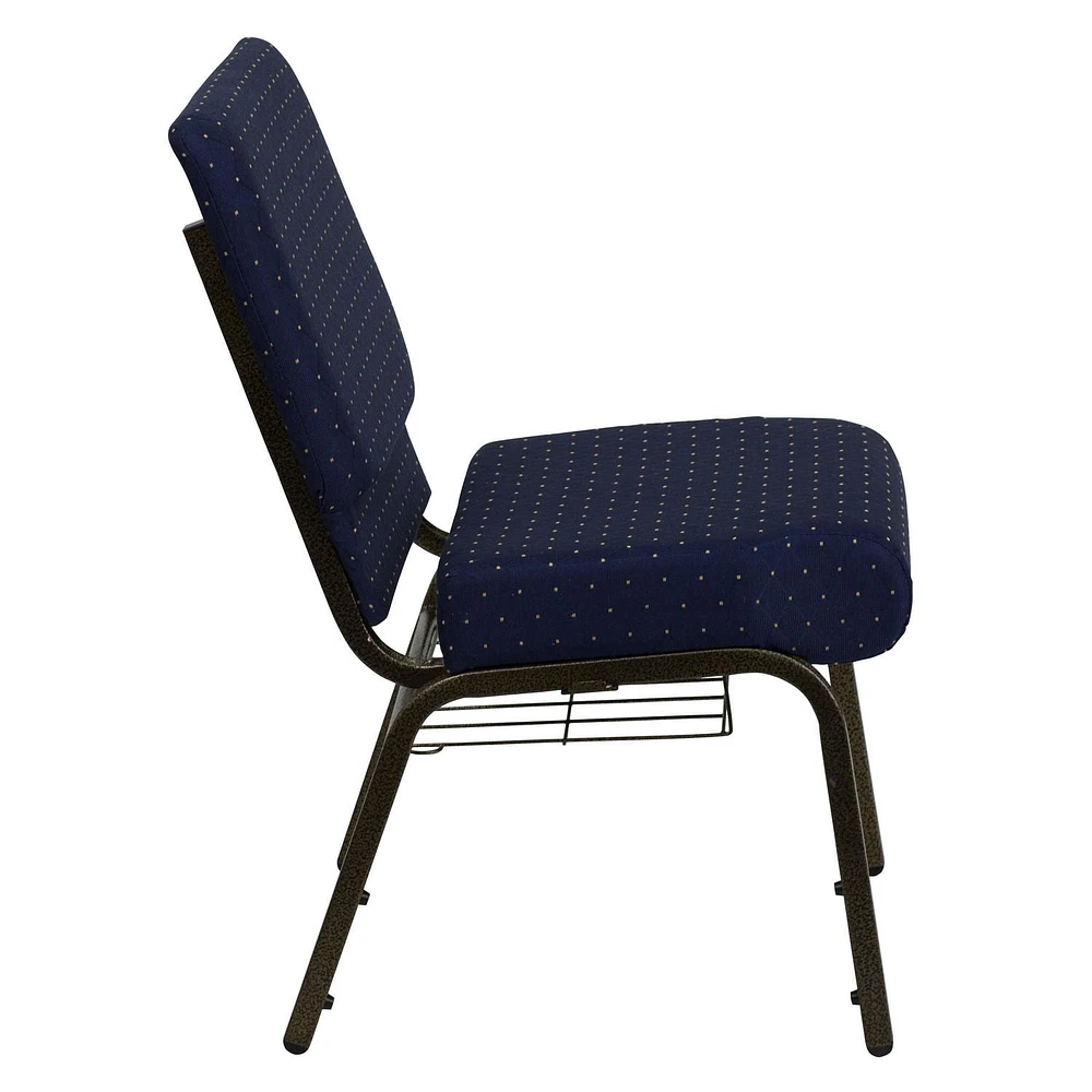 HERCULES Series 21''W Church Chair in Navy Blue Dot Patterned Fabric with Book Rack - Gold Vein Frame