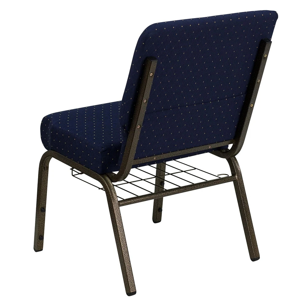 HERCULES Series 21''W Church Chair in Navy Blue Dot Patterned Fabric with Book Rack - Gold Vein Frame