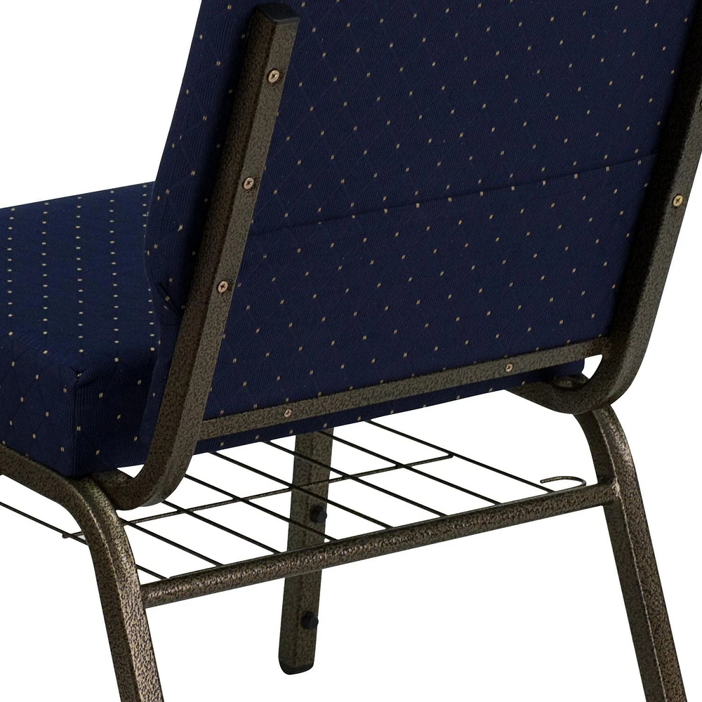 HERCULES Series 21''W Church Chair in Navy Blue Dot Patterned Fabric with Book Rack - Gold Vein Frame