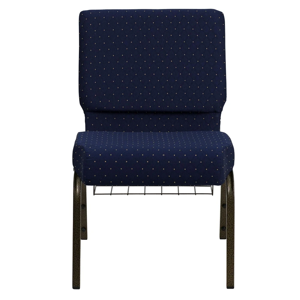 HERCULES Series 21''W Church Chair in Navy Blue Dot Patterned Fabric with Book Rack - Gold Vein Frame