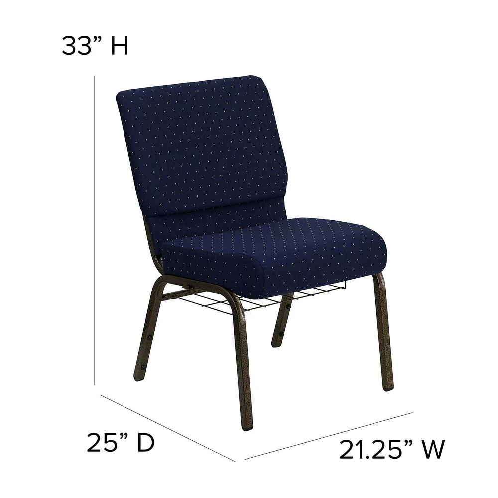 HERCULES Series 21''W Church Chair in Navy Blue Dot Patterned Fabric with Book Rack - Gold Vein Frame