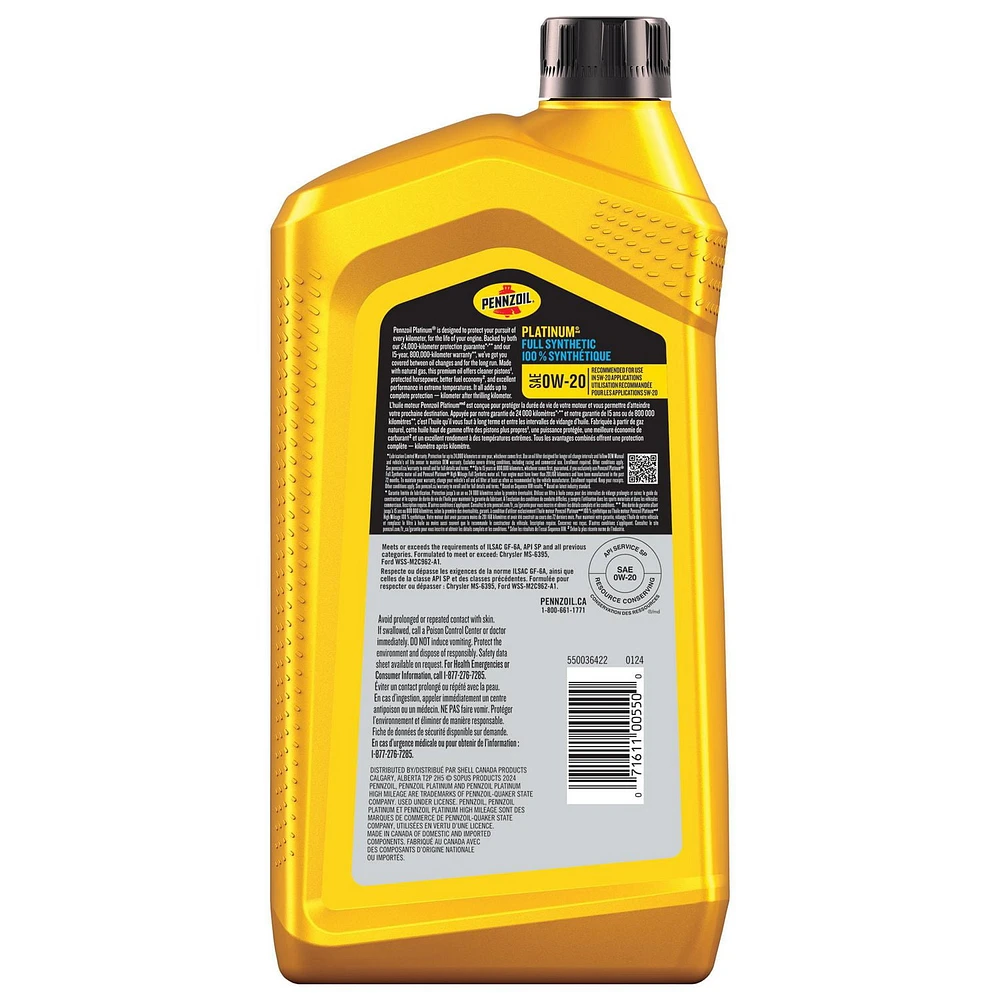 Pennzoil Platinum SAE 0W-20 Full Synthetic Motor Oil, 946 mL