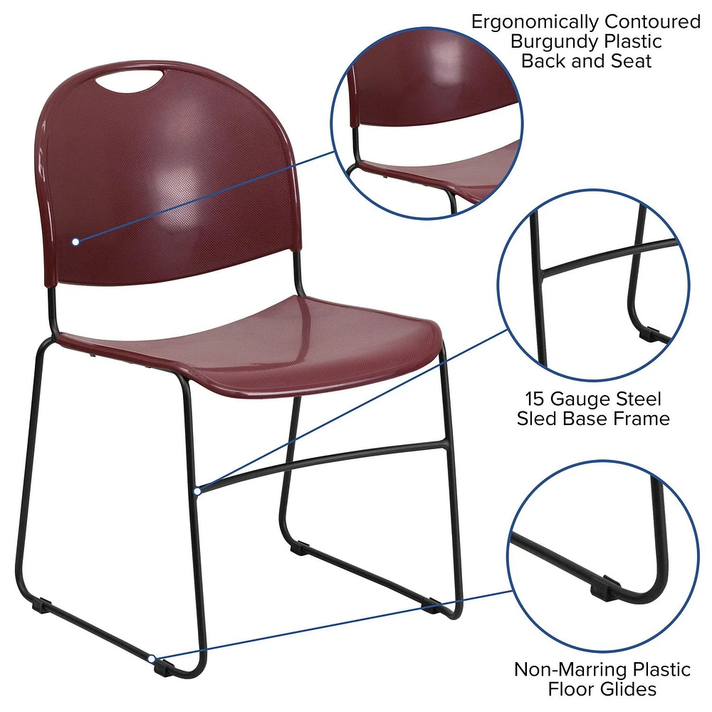 HERCULES Series 880 lb. Capacity Burgundy Ultra-Compact Stack Chair with Black Frame