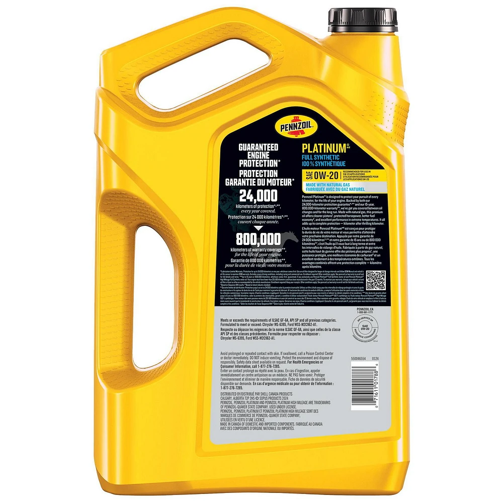 Pennzoil Platinum Synthetic 0W20 Motor Oil 5L, Pennzoil Synthetic 0W20 5L