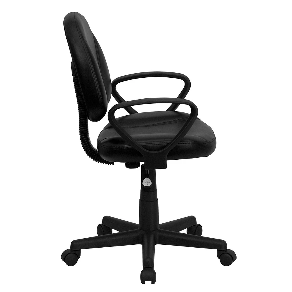 Mid-Back Black Leather Ergonomic Swivel Task Chair with Arms