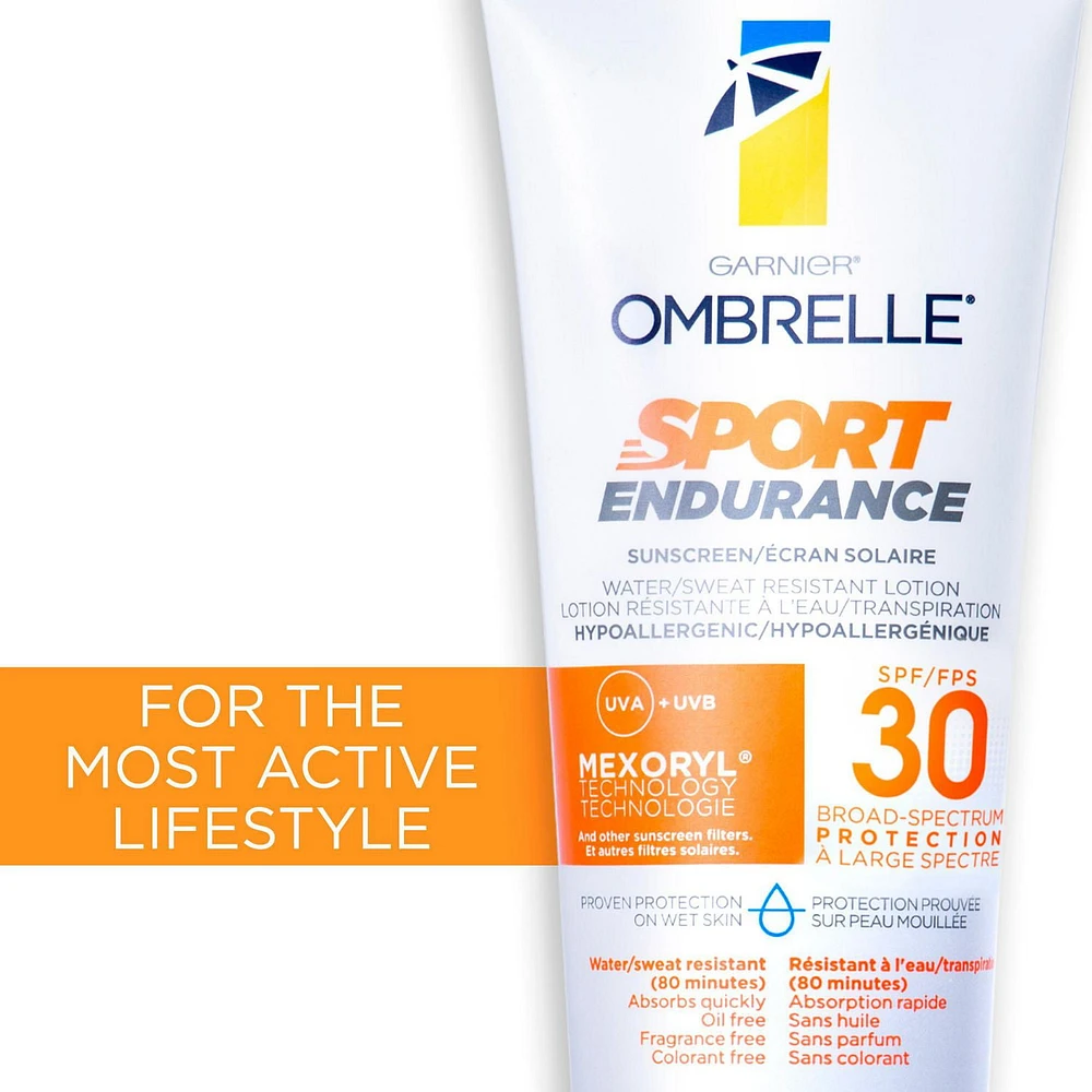 Garnier Ombrelle Sport Endurance Lotion solaire, SPF 30, Compacte à large spectre haute protection, résistante à l'eau et à la sueur, format voyage, hypoallergénique, non comédogène, 50ml