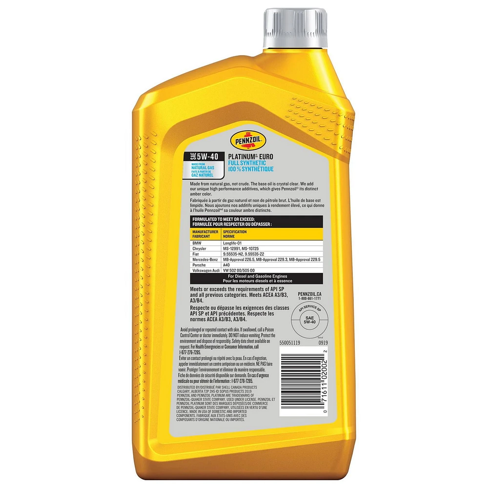 Pennzoil Platinum 5W40 Euro 5L, Pzl Syn Euro 5W40