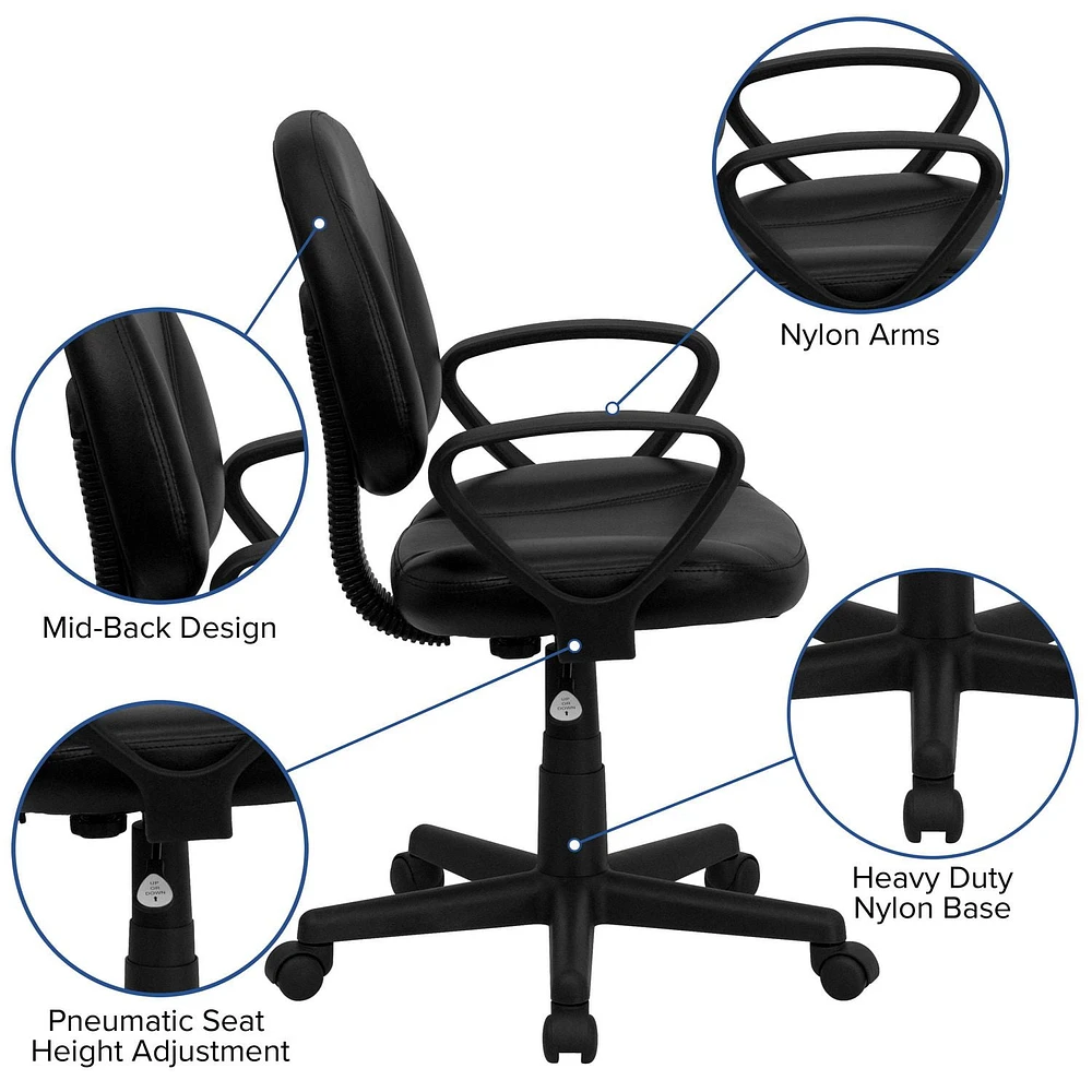 Mid-Back Black Leather Ergonomic Swivel Task Chair with Arms