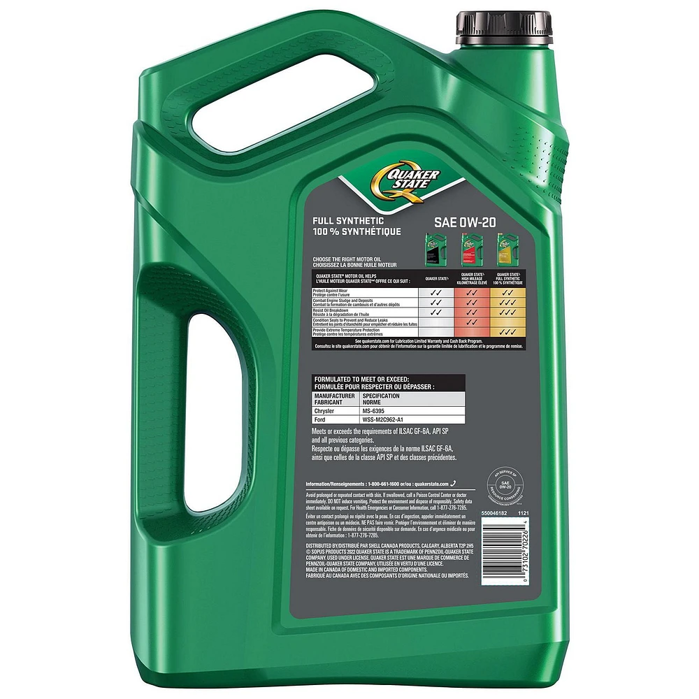 Quaker State Full Synthetic Motor Oil 0W20 jugs 3x5L