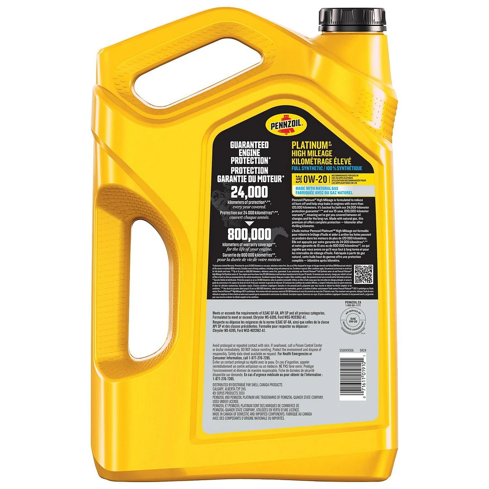 Pennzoil Platinum High Mileage 0W-20 FullSyn, PZL Plat High Mileage 0W-20