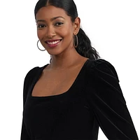 Mexx Women’s Knit Square Neck Velour Bodysuit with Puff Sleeves, Sizes: XS-XL