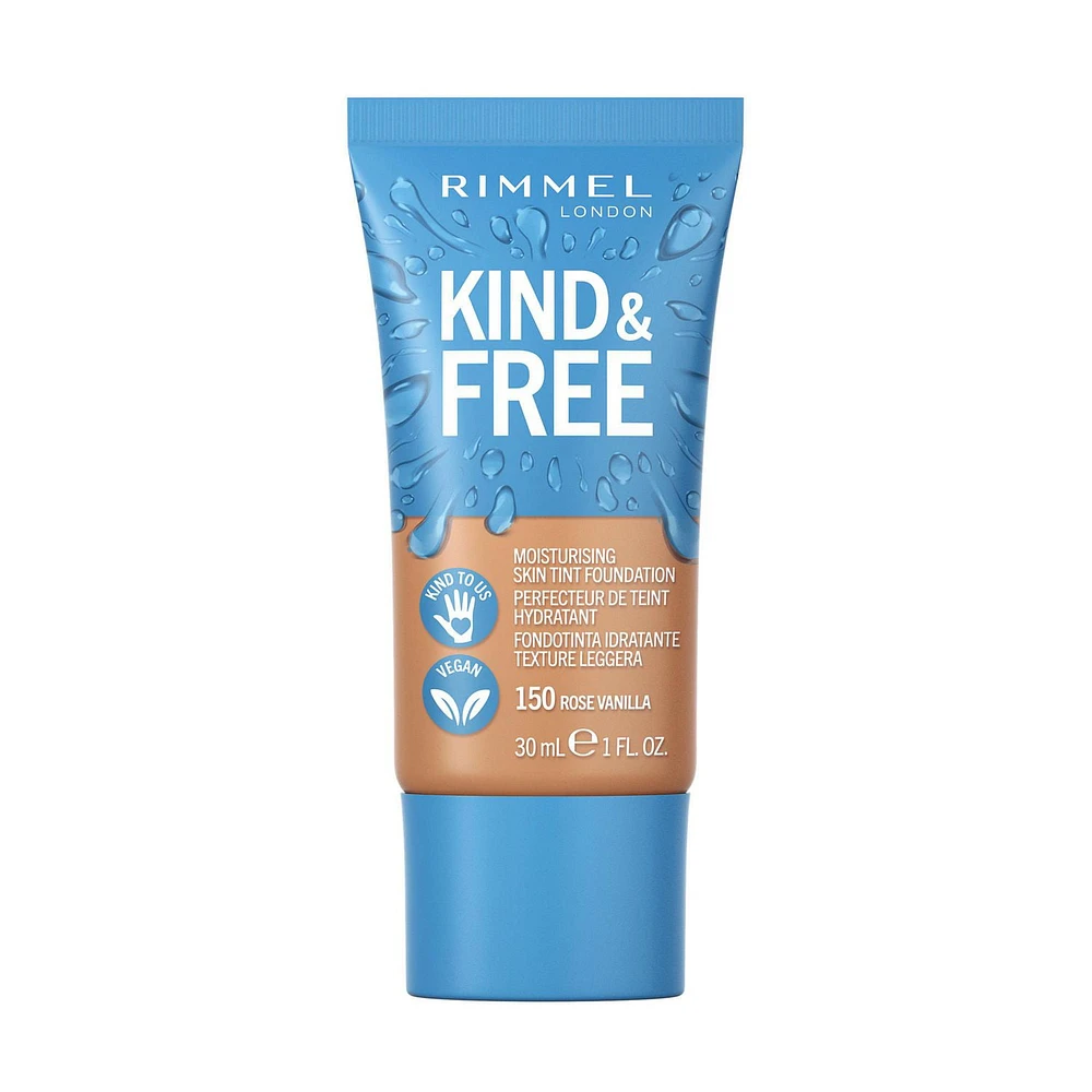 Rimmel KIND & FREE Moisturising Skin Tint Foundation, 100% Vegan, Formulated with Vitamin E, Pro Vitamin B5 & Aloe Vera, Lightweight Dewy Finish