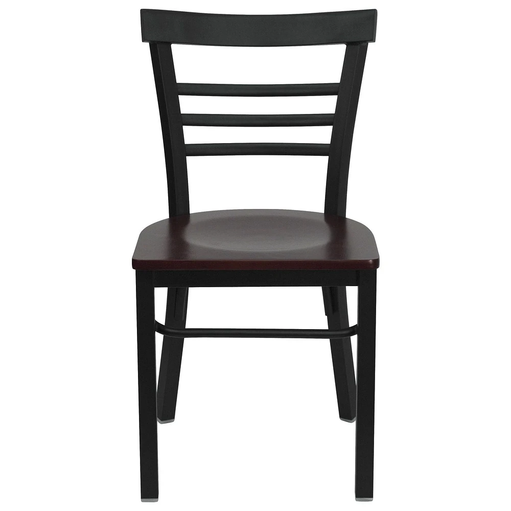 HERCULES Series Black Three-Slat Ladder Back Metal Restaurant Chair - Mahogany Wood Seat