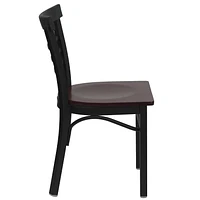 HERCULES Series Black Three-Slat Ladder Back Metal Restaurant Chair - Mahogany Wood Seat