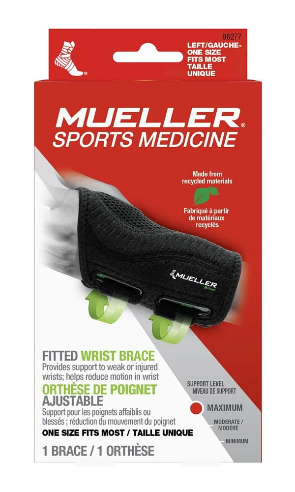 Mueller Green Fitted Wrist Brace, Black, One Size Fits Most, Left Hand