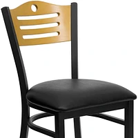 HERCULES Series Black Slat Back Metal Restaurant Chair - Natural Wood Back, Black Vinyl Seat