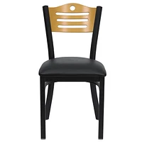 HERCULES Series Black Slat Back Metal Restaurant Chair - Natural Wood Back, Black Vinyl Seat