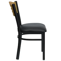 HERCULES Series Black Slat Back Metal Restaurant Chair - Natural Wood Back, Black Vinyl Seat