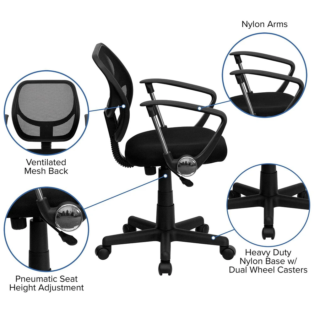 Mid-Back Black Mesh Swivel Task Chair with Curved Square Back and Arms