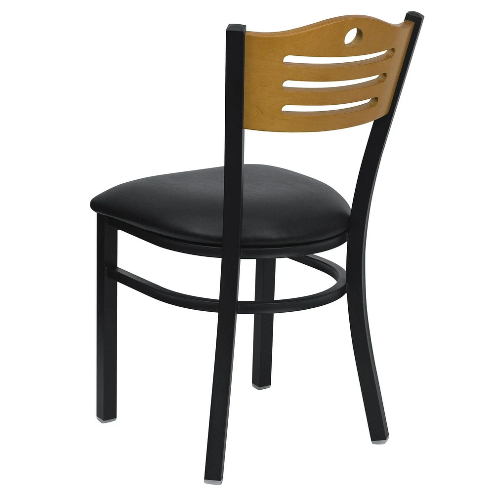 HERCULES Series Black Slat Back Metal Restaurant Chair - Natural Wood Back, Black Vinyl Seat