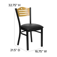 HERCULES Series Black Slat Back Metal Restaurant Chair - Natural Wood Back, Black Vinyl Seat